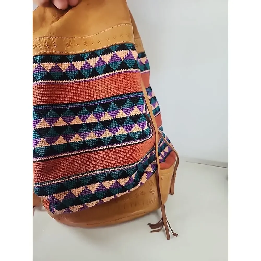 LARGE BACKPACK HAND WOVEN WOOL KILIM TOOLED LEATHER VTG SLING PURSE TOTE BAG